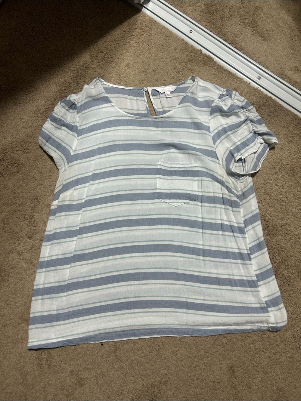 LC Lauren Conrad Light Blue & White Striped Short Sleeve Pocket Top